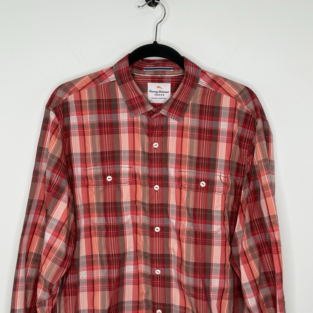 Tommy Bahama Jeans Island Crafted Red Plaid Sz L Camp Button Shirt Cotton Blend